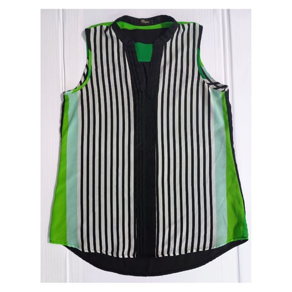 Cupio Sleeveless V-Neck Black, White, and Kelly Green Pleated Striped Blouse - Picture 1 of 3